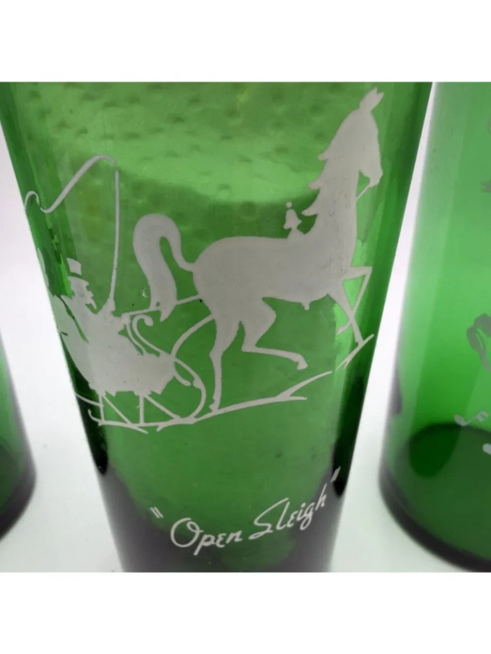 4 ANCHOR HOCKING GREEN DRINKING GLASSES MCM Various Scenes Highball 6.5”